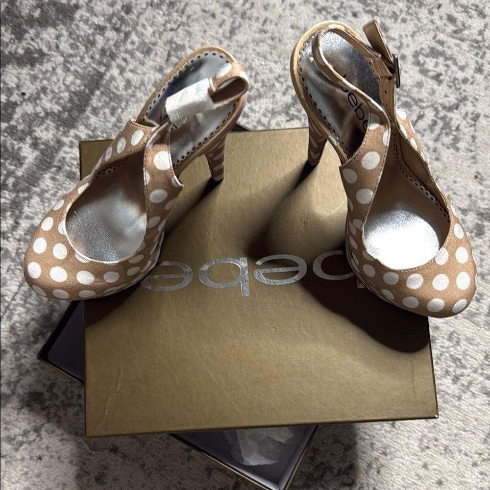 Bebe Tan and White Polka Dot Heels